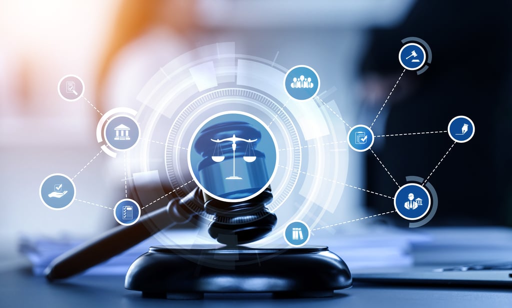 Smart law, legal advice icons and lawyer working tools in the lawyers office showing concept of digital law and online technology of astute law and regulations