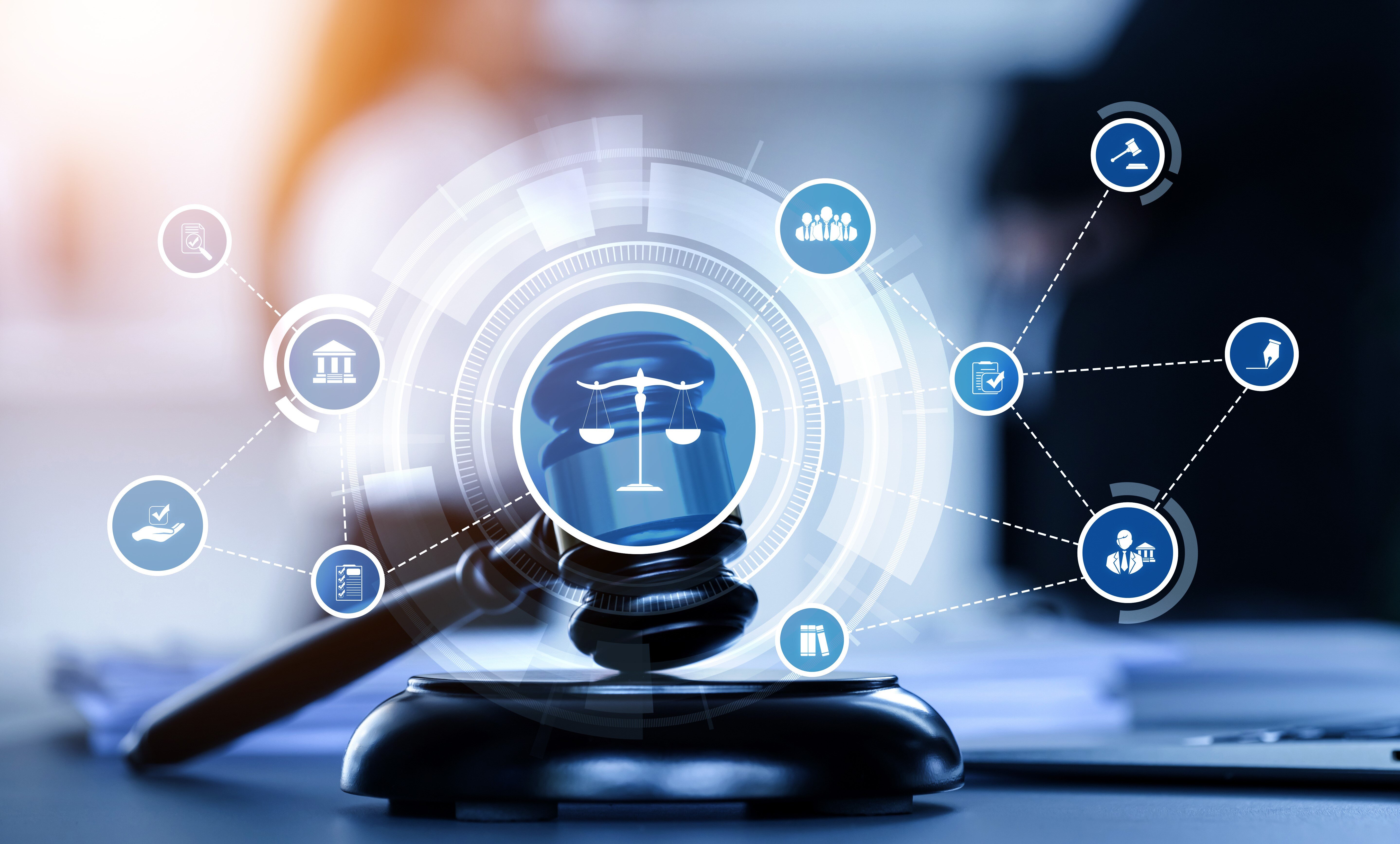 Smart law, legal advice icons and lawyer working tools in the lawyers office showing concept of digital law and online technology of astute law and regulations